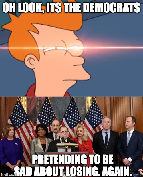 OH LOOK, ITS THE DEMOCRATS; PRETENDING TO BE SAD ABOUT LOSING. AGAIN. | image tagged in futurama fry glare,house democrats | made w/ Imgflip meme maker