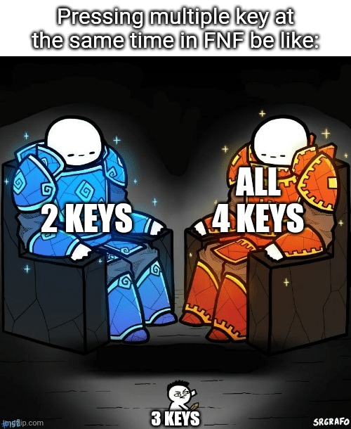 Complicated Multinotes |  Pressing multiple key at the same time in FNF be like:; ALL 4 KEYS; 2 KEYS; 3 KEYS | image tagged in srgrafo 152 | made w/ Imgflip meme maker