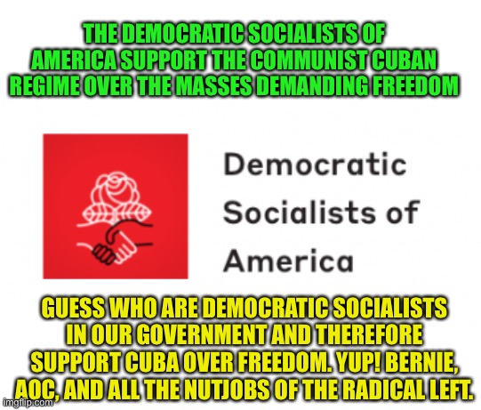 Democratic Socialists are Communists | THE DEMOCRATIC SOCIALISTS OF AMERICA SUPPORT THE COMMUNIST CUBAN REGIME OVER THE MASSES DEMANDING FREEDOM; GUESS WHO ARE DEMOCRATIC SOCIALISTS IN OUR GOVERNMENT AND THEREFORE SUPPORT CUBA OVER FREEDOM. YUP! BERNIE, AOC, AND ALL THE NUTJOBS OF THE RADICAL LEFT. | image tagged in leftists,democratic socialism,democratic party,traitors,freedom haters | made w/ Imgflip meme maker