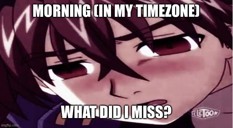Dan you sucha sussy baka! | MORNING (IN MY TIMEZONE); WHAT DID I MISS? | image tagged in dan you sucha sussy baka | made w/ Imgflip meme maker