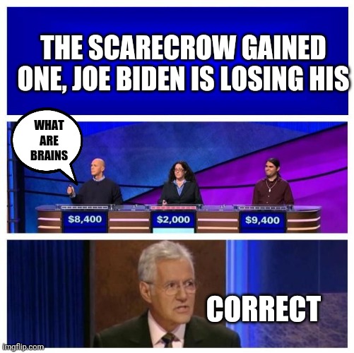 Jeopardy Blank | THE SCARECROW GAINED ONE, JOE BIDEN IS LOSING HIS WHAT ARE BRAINS CORRECT | image tagged in jeopardy blank | made w/ Imgflip meme maker