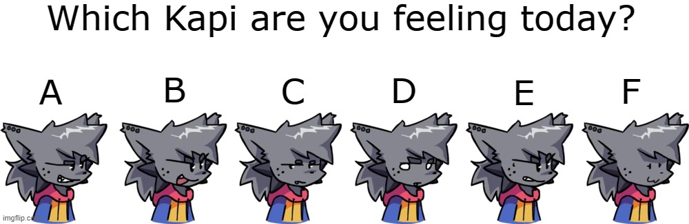 Which Kapi are you feeling today? B; F; A; D; C; E | made w/ Imgflip meme maker