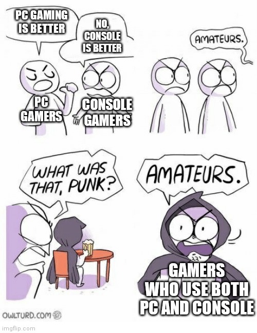 Amateurs | PC GAMING IS BETTER; NO, CONSOLE IS BETTER; PC GAMERS; CONSOLE GAMERS; GAMERS WHO USE BOTH PC AND CONSOLE | image tagged in amateurs | made w/ Imgflip meme maker