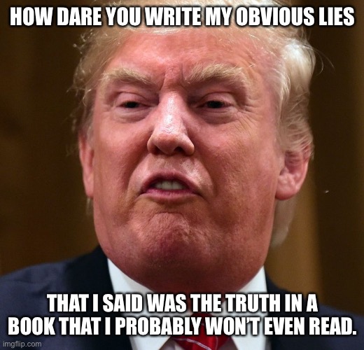 Trump Angry and Dumb | HOW DARE YOU WRITE MY OBVIOUS LIES THAT I SAID WAS THE TRUTH IN A BOOK THAT I PROBABLY WON’T EVEN READ. | image tagged in trump angry and dumb | made w/ Imgflip meme maker