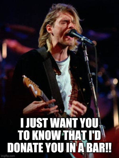 Misheard lyrics | I JUST WANT YOU TO KNOW THAT I'D DONATE YOU IN A BAR!! | image tagged in nirvana,misheard lyrics,funny,music | made w/ Imgflip meme maker