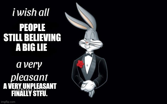 I wish all the X a very pleasant evening | PEOPLE STILL BELIEVING A BIG LIE; A VERY UNPLEASANT FINALLY STFU. | image tagged in i wish all the x a very pleasant evening | made w/ Imgflip meme maker