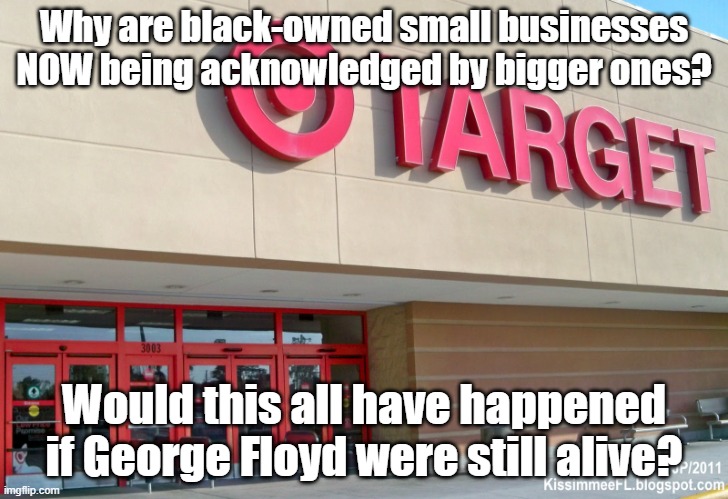 Just sayin. *shrugs* | Why are black-owned small businesses NOW being acknowledged by bigger ones? Would this all have happened if George Floyd were still alive? | image tagged in target | made w/ Imgflip meme maker