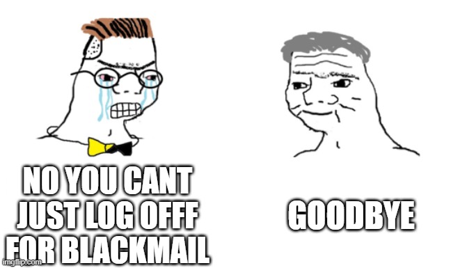 noooo you can't just | NO YOU CANT JUST LOG OFFF FOR BLACKMAIL GOODBYE | image tagged in noooo you can't just | made w/ Imgflip meme maker