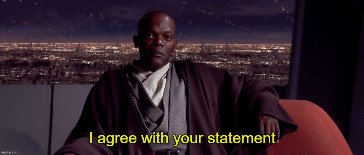 Mace Windu I agree | I agree with your statement | image tagged in mace windu i agree | made w/ Imgflip meme maker