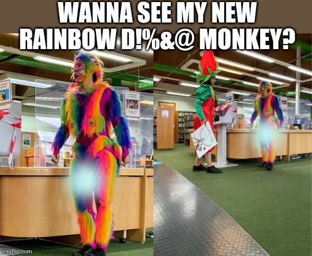 WANNA SEE MY NEW RAINBOW D!%&@ MONKEY? | image tagged in funny memes | made w/ Imgflip meme maker