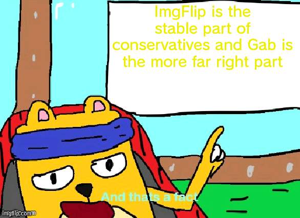 For instance, we know Trump is not getting in office again anytime soon (not unless he runs 2024) but Gab thinks so | ImgFlip is the stable part of conservatives and Gab is the more far right part | image tagged in wubbzy and that's a fact | made w/ Imgflip meme maker