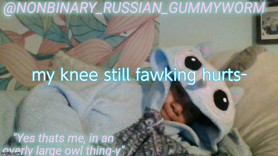 The chlorene, salt water, and constant kicking didnt help | my knee still fawking hurts- | image tagged in gummyworm's overly large owl thingy temp | made w/ Imgflip meme maker