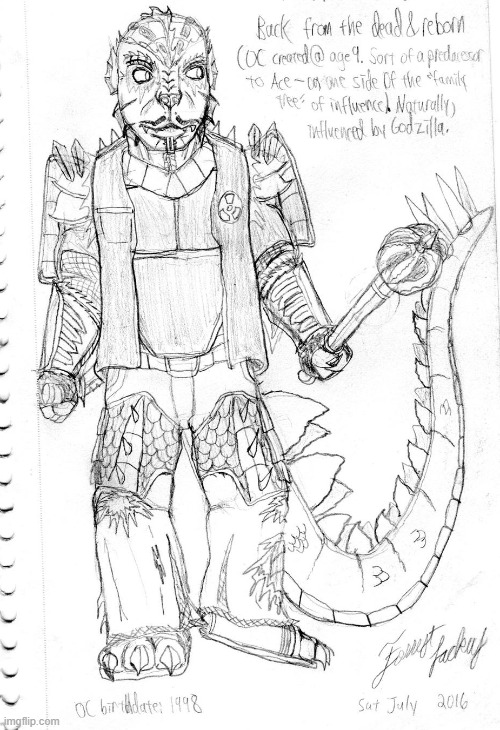 Kaiju and dinosaur oriented Anthro OC, drawn 2016 in college. | image tagged in anthro,original character,kaiju,furry,dinosaur,superhero | made w/ Imgflip meme maker
