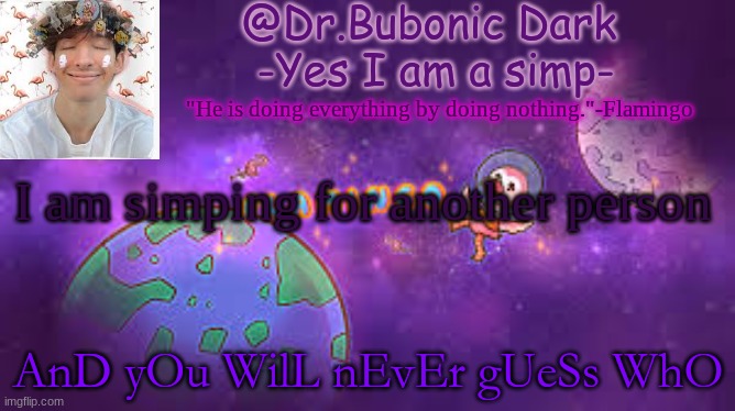 Bubonic's Flamingo temp :) | I am simping for another person; AnD yOu WilL nEvEr gUeSs WhO | image tagged in bubonic's flamingo temp | made w/ Imgflip meme maker