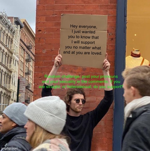Hey everyone, I just wanted you to know that I will support you no matter what and at you are loved. Random challenge: post your pronouns and your sexuality in the comments. If you are straight, or heterosexual, do you support? | image tagged in memes,guy holding cardboard sign | made w/ Imgflip meme maker
