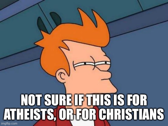 Futurama Fry Meme | NOT SURE IF THIS IS FOR ATHEISTS, OR FOR CHRISTIANS | image tagged in memes,futurama fry | made w/ Imgflip meme maker