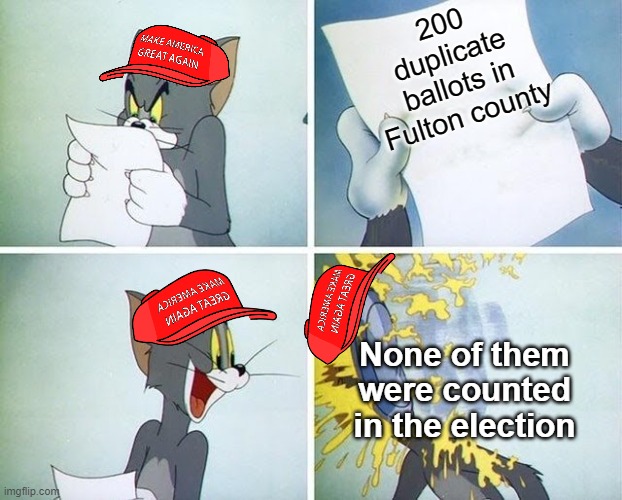 how's them audits going? | 200 duplicate ballots in Fulton county; None of them were counted in the election | image tagged in tom and jerry custard pie | made w/ Imgflip meme maker