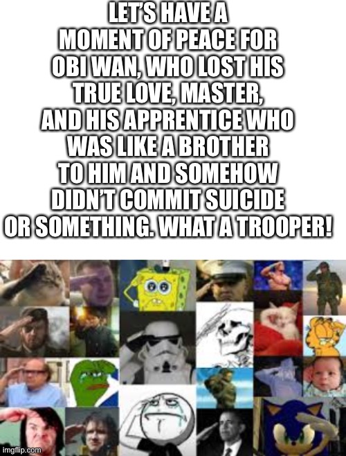 Long live obi wan kenobi | LET’S HAVE A MOMENT OF PEACE FOR OBI WAN, WHO LOST HIS TRUE LOVE, MASTER, AND HIS APPRENTICE WHO WAS LIKE A BROTHER TO HIM AND SOMEHOW DIDN’T COMMIT SUICIDE OR SOMETHING. WHAT A TROOPER! | image tagged in obi wan kenobi,ozon's salute,spongebob salute,stormtrooper salute,sad pepe the frog,cat salute | made w/ Imgflip meme maker