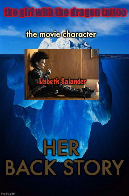 The Girl With the Dragon Tattoo | the girl with the dragon tattoo; the movie character; Lisbeth Salander; HER 
BACK STORY | image tagged in iceberg,girl with the dragon tattoo | made w/ Imgflip meme maker