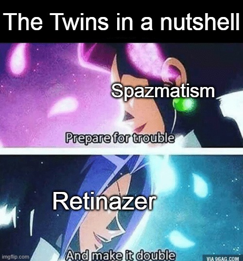 Prepare for trouble and make it double | The Twins in a nutshell; Spazmatism; Retinazer | image tagged in prepare for trouble and make it double,terraria | made w/ Imgflip meme maker