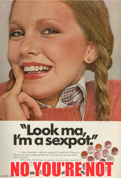 She thinks she's a sexpot, but she's not. | NO YOU'RE NOT | image tagged in 1960's,old ads,swiped from a twitter page | made w/ Imgflip meme maker