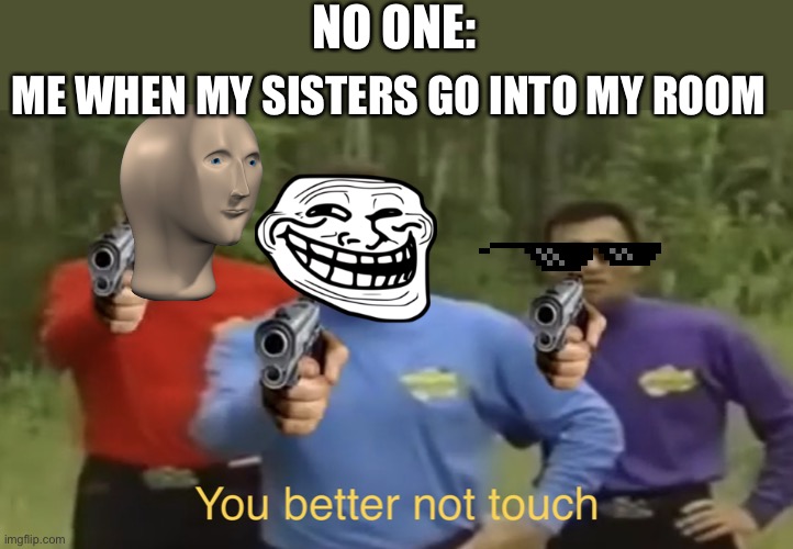 They are VERY annoying | NO ONE:; ME WHEN MY SISTERS GO INTO MY ROOM | image tagged in you better not touch | made w/ Imgflip meme maker