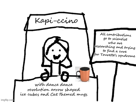 I'm bored lol. Kapi's one of my favorite FNF mods so here | Kapi-ccino; All contributions go to scientist who are researching and trying to find a cure for Tourette's syndrome; with dance dance revolution arrow shaped ice cubes and Cat themed mugs | image tagged in blank white template | made w/ Imgflip meme maker