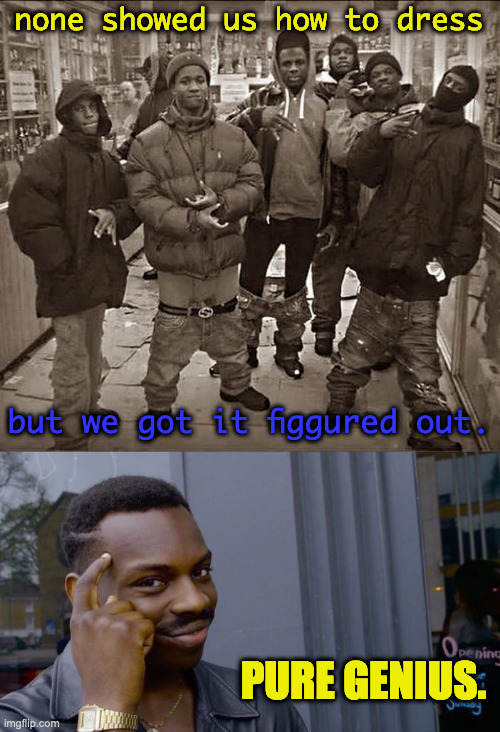 street geniuses | none showed us how to dress; but we got it figgured out. PURE GENIUS. | image tagged in all my homies hate,memes,roll safe think about it | made w/ Imgflip meme maker
