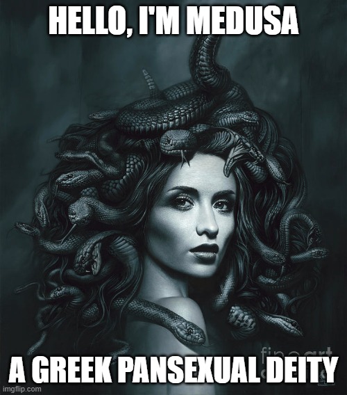 Careful, Don't stare to close to the eyes xD | HELLO, I'M MEDUSA; A GREEK PANSEXUAL DEITY | image tagged in lgbt,pan,deities,gorgon,medusa | made w/ Imgflip meme maker