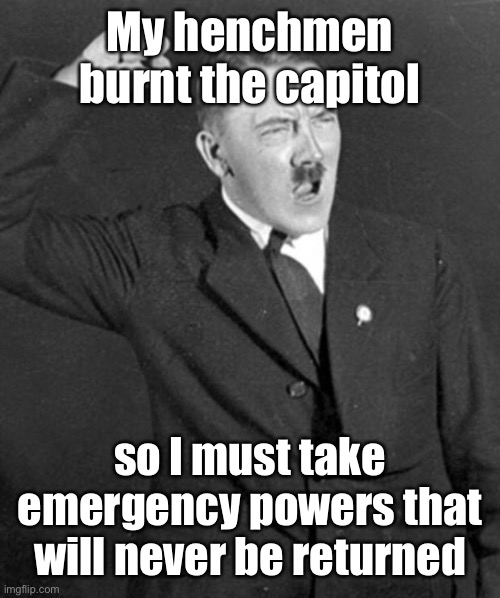 Angry Hitler | My henchmen burnt the capitol so I must take emergency powers that will never be returned | image tagged in angry hitler | made w/ Imgflip meme maker