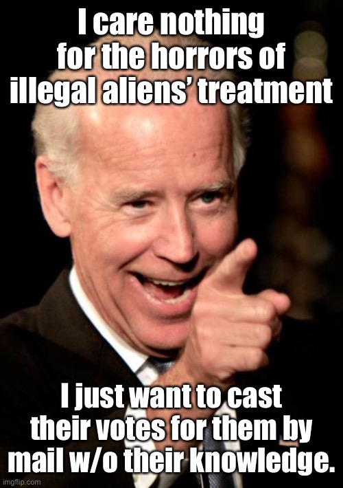 Smilin Biden Meme | I care nothing for the horrors of illegal aliens’ treatment I just want to cast their votes for them by mail w/o their knowledge. | image tagged in memes,smilin biden | made w/ Imgflip meme maker