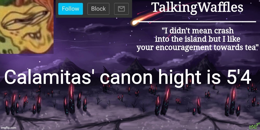 TalkingWaffles crap temp | Calamitas' canon hight is 5'4 | image tagged in talkingwaffles crap temp | made w/ Imgflip meme maker