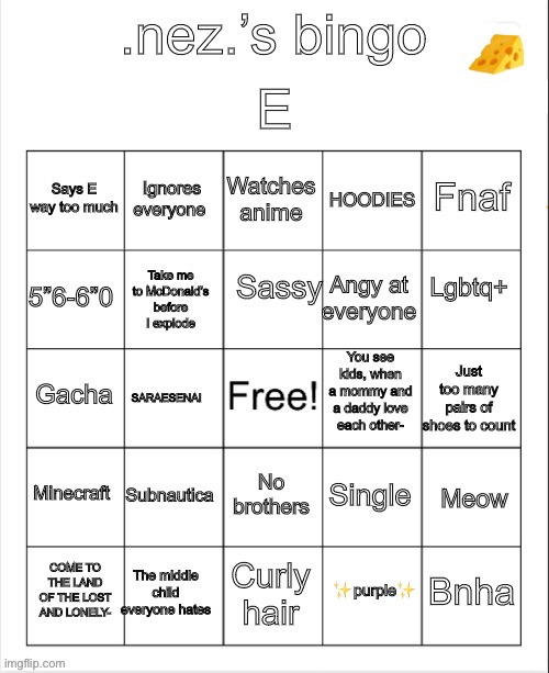 Nez bingo | image tagged in nez bingo | made w/ Imgflip meme maker