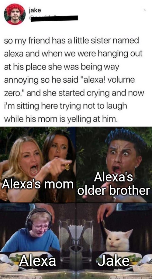 Alexa, send me to the front page! | Alexa's mom; Alexa's older brother; Alexa; Jake | image tagged in the 4 at dinner | made w/ Imgflip meme maker
