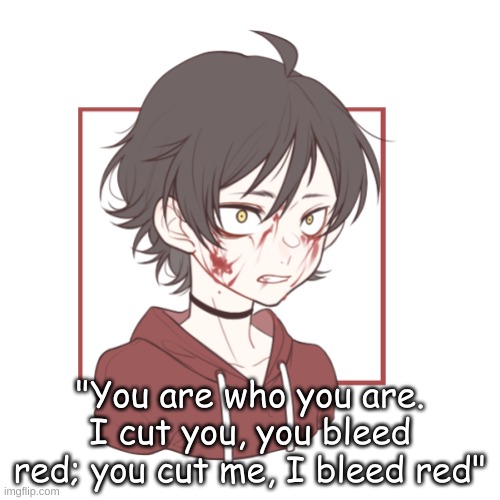 "You are who you are. I cut you, you bleed red; you cut me, I bleed red" | made w/ Imgflip meme maker