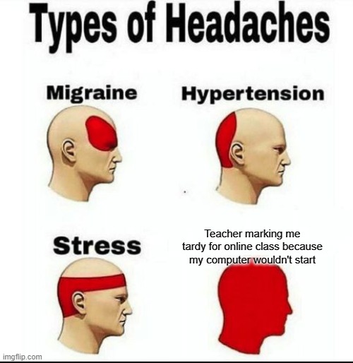 Types of Headaches meme | Teacher marking me tardy for online class because my computer wouldn't start | image tagged in types of headaches meme,memes,funny,school,mean teacher | made w/ Imgflip meme maker