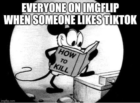 Litterally everyone | EVERYONE ON IMGFLIP WHEN SOMEONE LIKES TIKTOK | image tagged in how to kill with mickey mouse | made w/ Imgflip meme maker