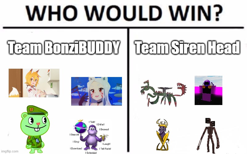 Team BonziBUDDY vs Team Siren Head | Team BonziBUDDY; Team Siren Head | image tagged in memes,who would win | made w/ Imgflip meme maker