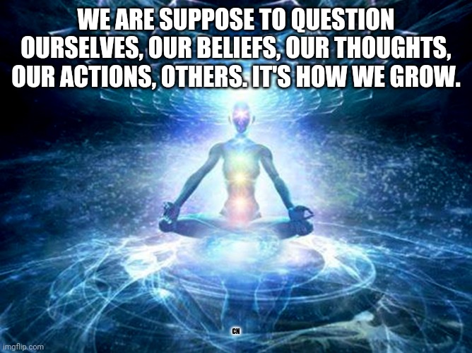 enlightened mind | WE ARE SUPPOSE TO QUESTION OURSELVES, OUR BELIEFS, OUR THOUGHTS, OUR ACTIONS, OTHERS. IT'S HOW WE GROW. CN | image tagged in enlightened mind | made w/ Imgflip meme maker