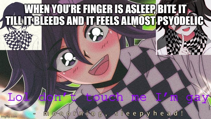 Kokichifurry temp | WHEN YOU’RE FINGER IS ASLEEP, BITE IT TILL IT BLEEDS AND IT FEELS ALMOST PSYODELIC | image tagged in kokichifurry temp | made w/ Imgflip meme maker