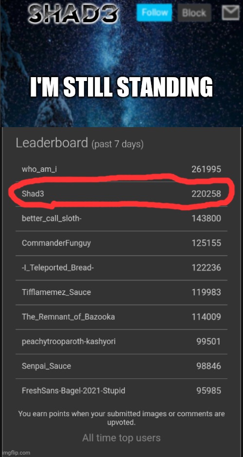 Can i beat who_am_i? | I'M STILL STANDING | image tagged in shad3 announcement template v4 | made w/ Imgflip meme maker