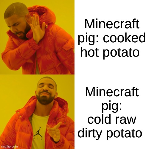 Drake Hotline Bling Meme | Minecraft pig: cooked hot potato; Minecraft pig: cold raw dirty potato | image tagged in memes,drake hotline bling | made w/ Imgflip meme maker