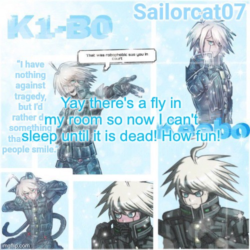 stupid entomophobia | Yay there's a fly in my room so now I can't sleep until it is dead! How fun! | image tagged in sailor's kiibo temp | made w/ Imgflip meme maker