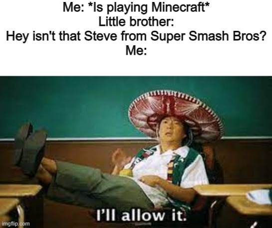 i'll allow it | Me: *Is playing Minecraft*
Little brother: Hey isn't that Steve from Super Smash Bros?
Me: | image tagged in i'll allow it | made w/ Imgflip meme maker