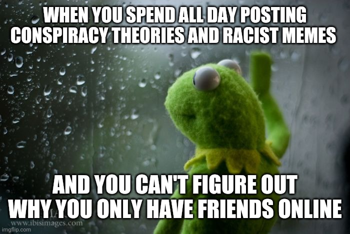 One of life's mysteries | WHEN YOU SPEND ALL DAY POSTING CONSPIRACY THEORIES AND RACIST MEMES; AND YOU CAN'T FIGURE OUT WHY YOU ONLY HAVE FRIENDS ONLINE | image tagged in kermit window | made w/ Imgflip meme maker