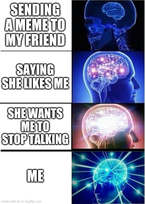What the- I mean, I know what this means because me ? | SENDING A MEME TO MY FRIEND; SAYING SHE LIKES ME; SHE WANTS ME TO STOP TALKING; ME | image tagged in memes,expanding brain | made w/ Imgflip meme maker