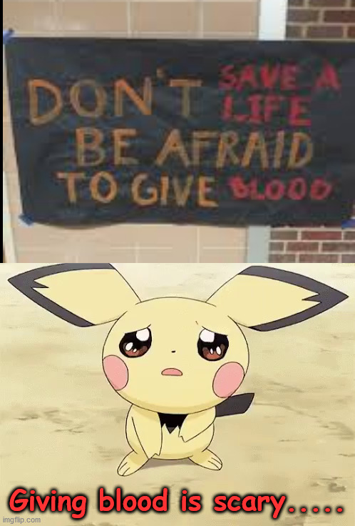 Ok, I will |  Giving blood is scary..... | image tagged in sad pichu,memes,funny,funny memes,you had one job,pokemon | made w/ Imgflip meme maker