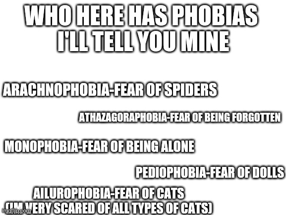 Tell me yours these are mine so yehhh | WHO HERE HAS PHOBIAS 
I'LL TELL YOU MINE; ARACHNOPHOBIA-FEAR OF SPIDERS; ATHAZAGORAPHOBIA-FEAR OF BEING FORGOTTEN; MONOPHOBIA-FEAR OF BEING ALONE; PEDIOPHOBIA-FEAR OF DOLLS; AILUROPHOBIA-FEAR OF CATS (IM VERY SCARED OF ALL TYPES OF CATS) | image tagged in blank white template,phobias,yourlocalgay | made w/ Imgflip meme maker