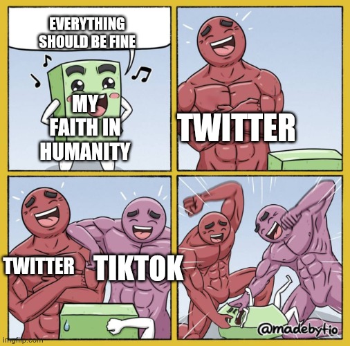 Weirdest social media in the world | EVERYTHING SHOULD BE FINE; TWITTER; MY FAITH IN HUMANITY; TWITTER; TIKTOK | image tagged in guy getting beat up | made w/ Imgflip meme maker