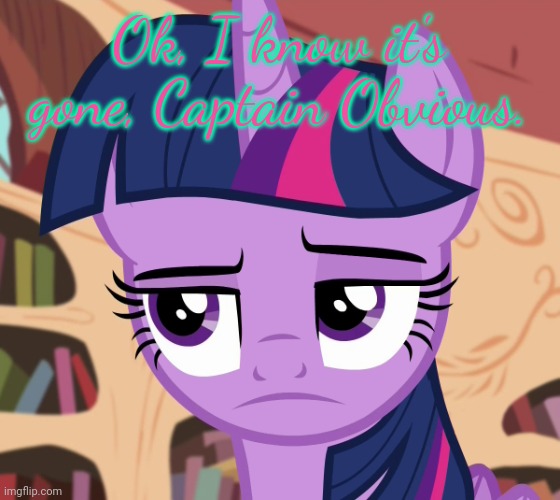 Unamused Twilight Sparkle (MLP) | Ok, I know it's gone, Captain Obvious. | image tagged in unamused twilight sparkle mlp | made w/ Imgflip meme maker